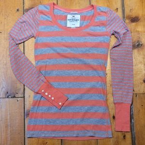 Poof Long Sleeved Tee Stripes Buttons Orange & Gray Sz Small